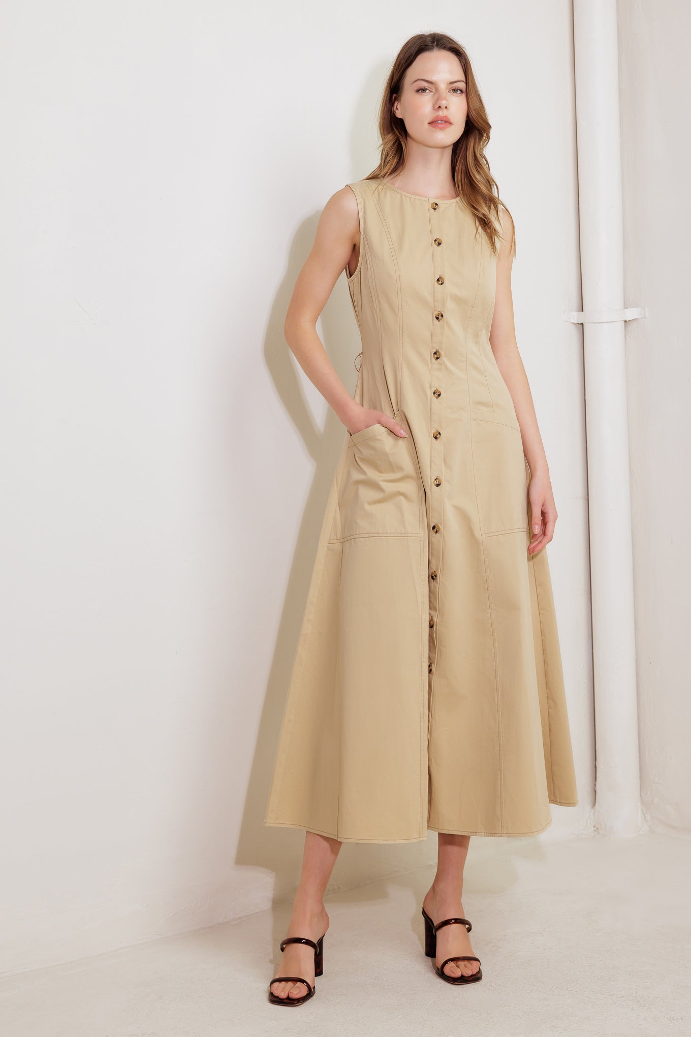NATURE’S GENTLE SONG BEIGE WOVEN MIDI DRESS Flying Tomato